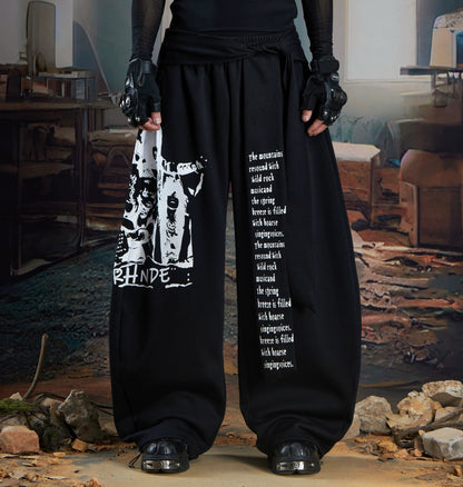 Letter Portrait Print Strap Wide Leg Sweatpants WN21353