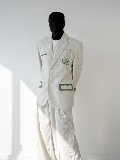 Linen Blend 3D Flower Tailored Jacket & Trousers Setup WN23838