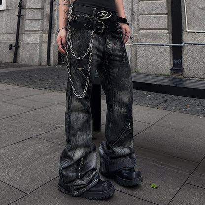 Damage Wash Zipper Wide Leg Denim Jeans WN24178