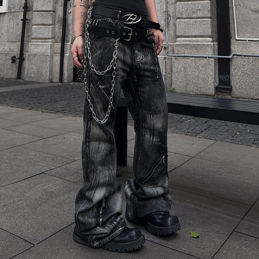 Damage Wash Zipper Wide Leg Denim Jeans WN24178