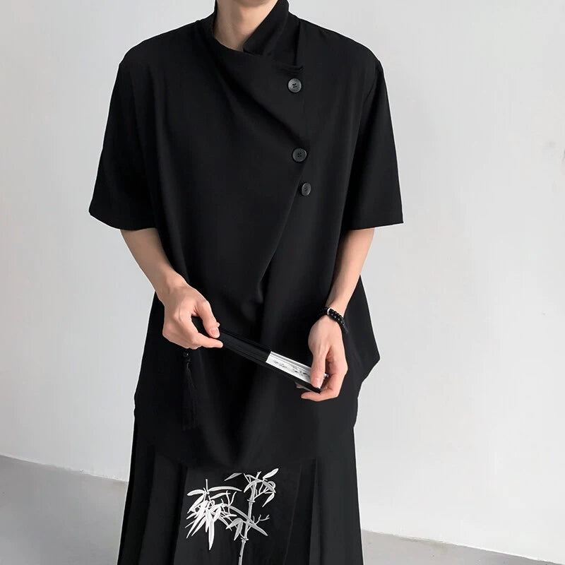 Chinese Style Asymmetrical Button Short Sleeve Shirt WN19319