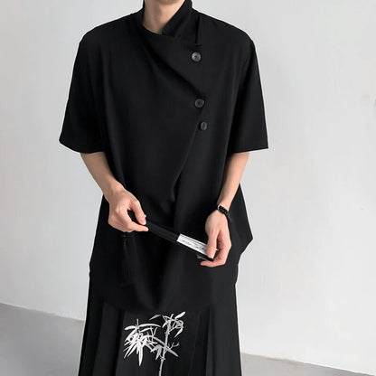 Chinese Style Asymmetrical Button Short Sleeve Shirt WN19319