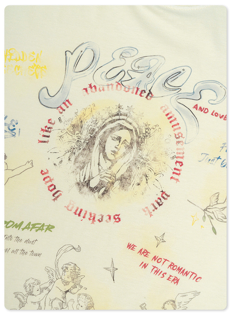 Washed Angel Print Round Neck Short Sleeve T-Shirt WN7833