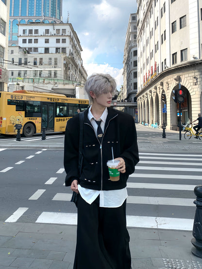 Shoulder-Pad Cropped Zipper Jacket & Wide Leg Jogger Pants Setup WN19903