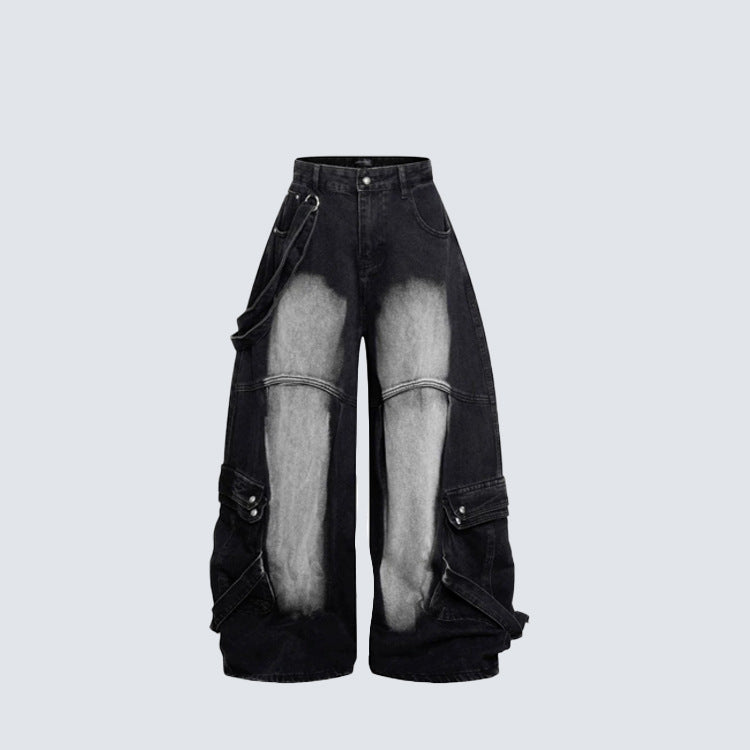Bleached Cargo Pocket Wide Leg Denim Jeans WN27998