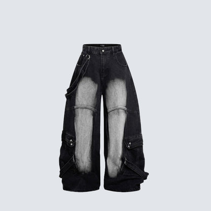 Bleached Cargo Pocket Wide Leg Denim Jeans WN27998