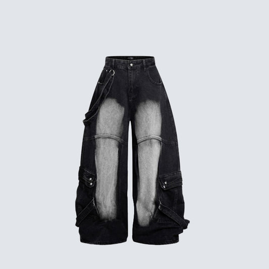 Bleached Cargo Pocket Wide Leg Denim Jeans WN27998