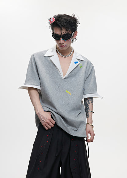 Sticker Print V-Neck Fake Layered Short Sleeve Polo T-Shirt WN18375