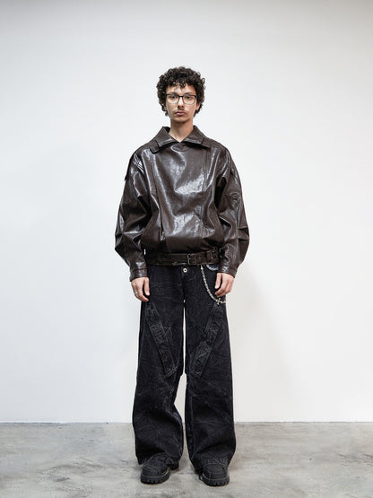 PU Leather Lapel Collar Utility Short Jacket WN22925