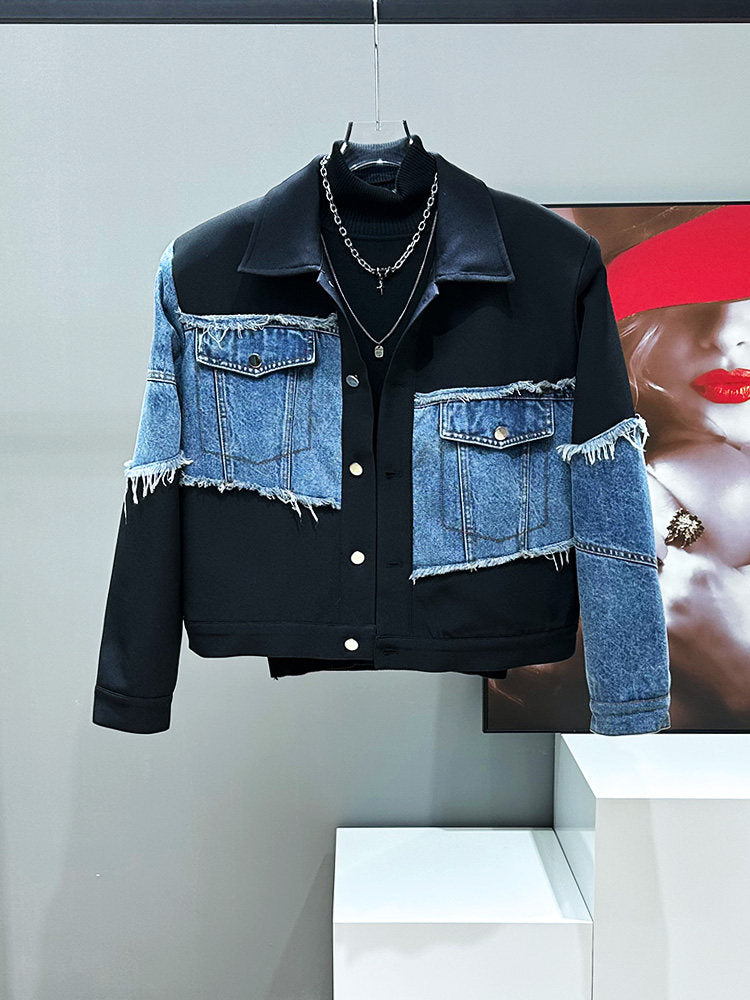 Deconstructed Fringe Patchwork Short Jacket & Straight Denim Jeans Setup WN23904