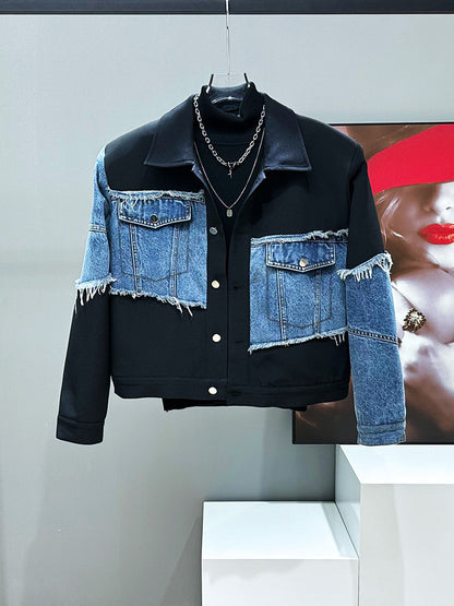 Deconstructed Fringe Patchwork Short Jacket & Straight Denim Jeans Setup WN23904