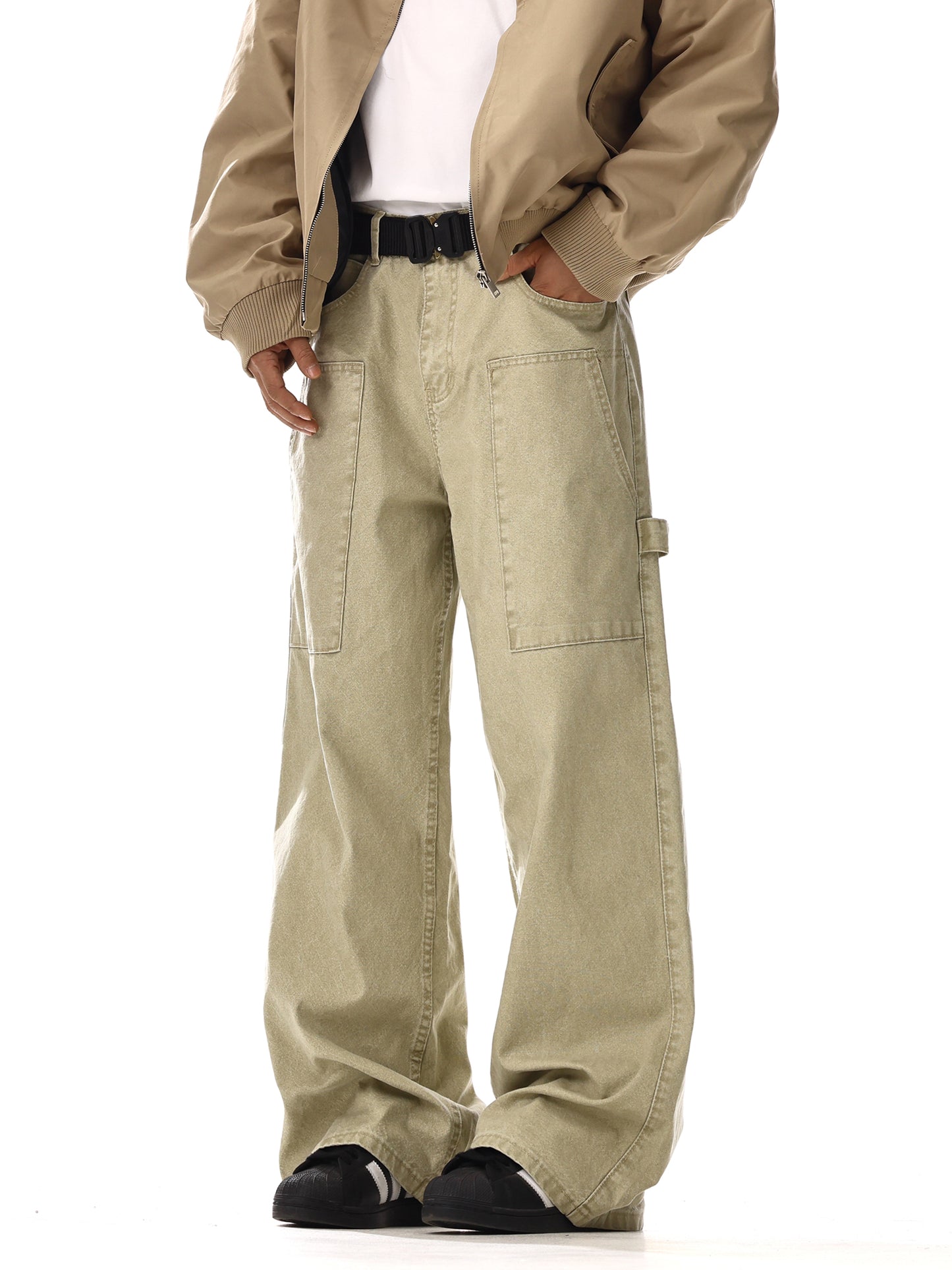 Patchwork Washed Wide-Leg Straight Cargo Denim Jeans WN15134