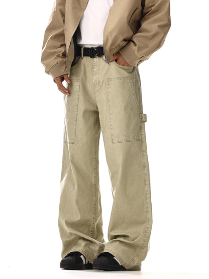 Patchwork Washed Wide-Leg Straight Cargo Denim Jeans WN15134