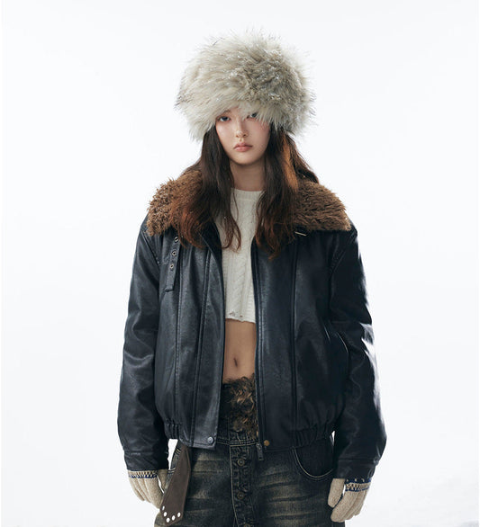 Textured Fake Fur Collar PU Leather Jacket WN21918