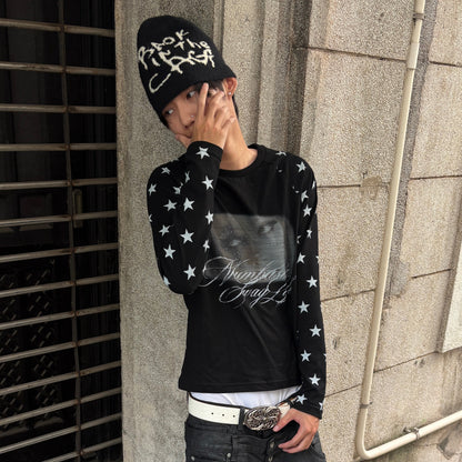 Raglan Star Portrait Graphic Print Long Sleeve T-Shirt WN27249