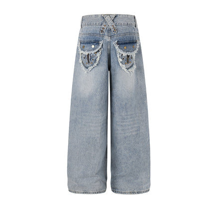 Fringe Studs Wide Leg Denim Jeans WN25804