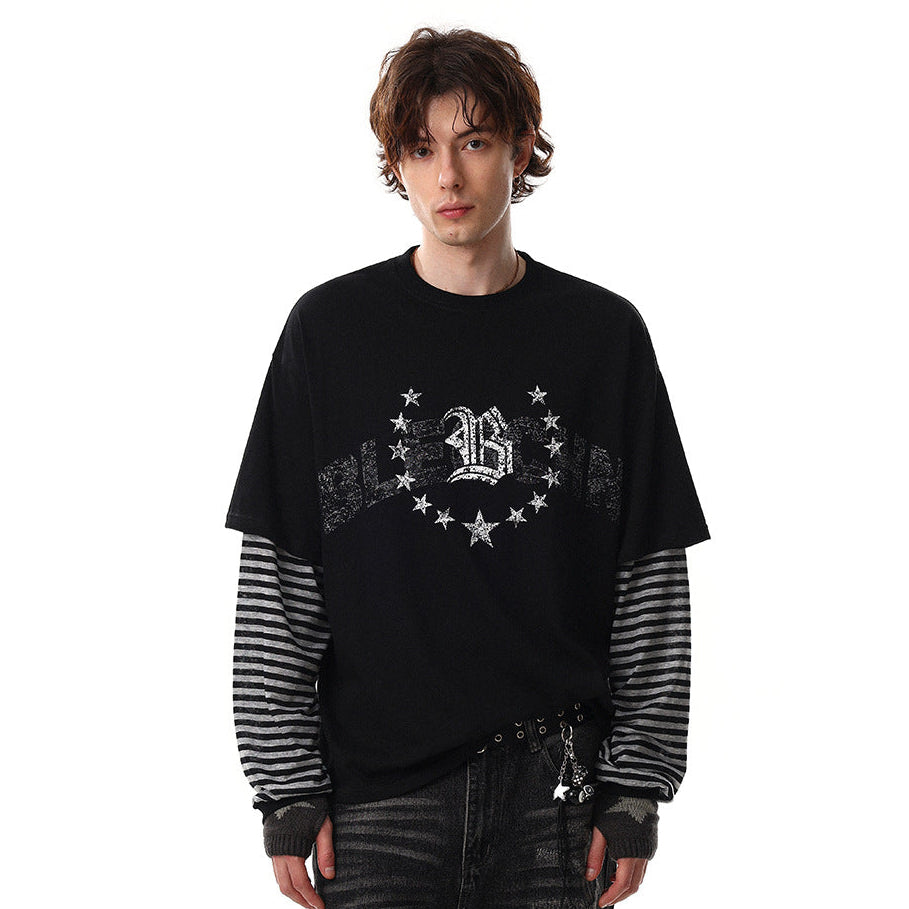 Fake Layered Stripe Star Long Sleeve T-Shirt WN25673