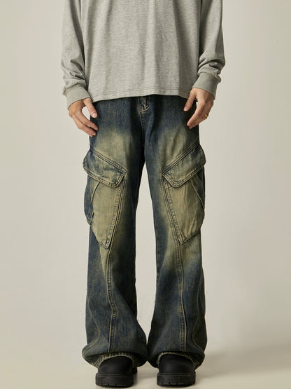 Damage Design Straight Leg Cargo Denim Jeans WN8980