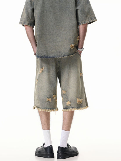 Washed Damage Wide Leg Denim Short Pants WN25596