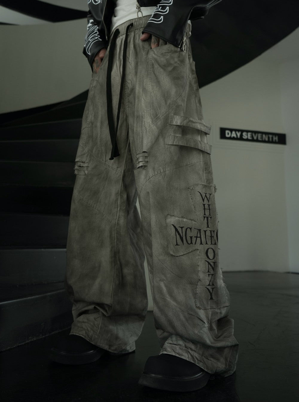 Dirty Dye Patchwork Print Wide Leg Cargo Pants WN27837