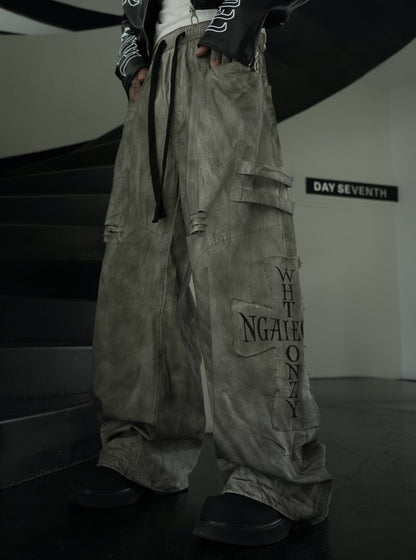 Dirty Dye Patchwork Print Wide Leg Cargo Pants WN27837