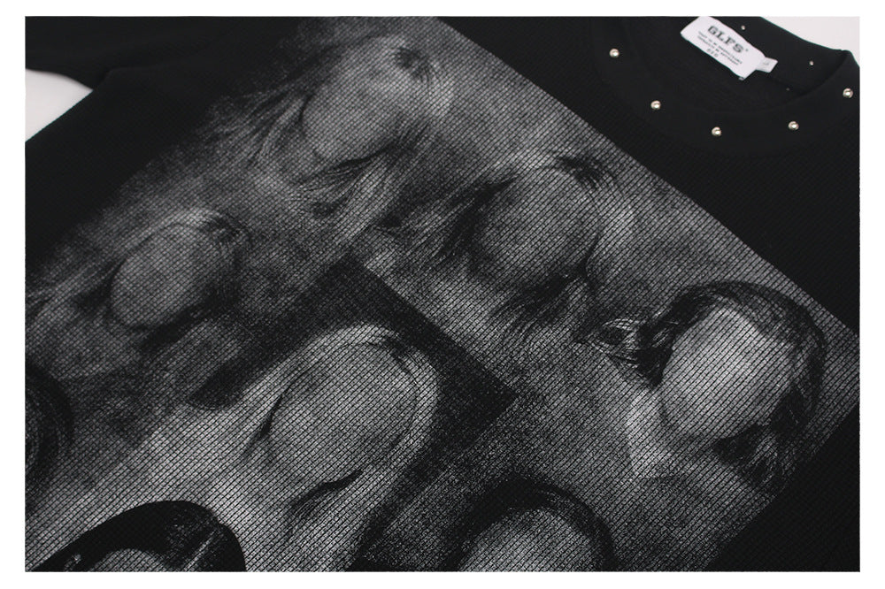 Studded Dark Portrait Graphic Waffle Oversize Short Sleeve T-Shirt WN26549