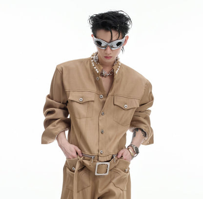 Pearl Detail Collarless Short Denim Jacket & Cargo Denim Jeans Setup WN20513