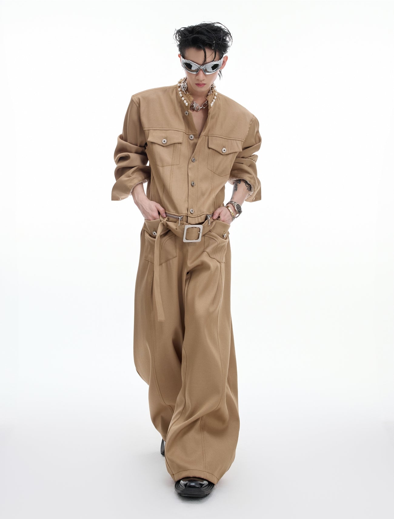 Pearl Detail Collarless Short Denim Jacket & Cargo Denim Jeans Setup WN20513