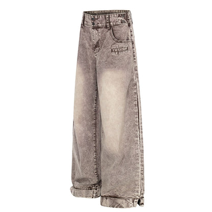 Washed Damage Wide Leg Curved Denim Jeans WN25860