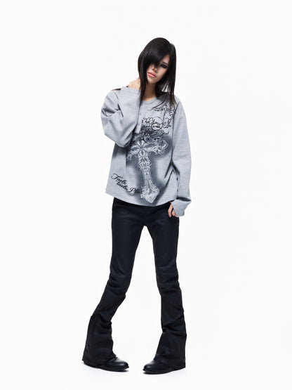 Henley Neck Cross Print Waffle Oversize Long Sleeve T-Shirt WN27277