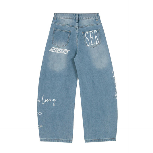 Washed Letter Print Wide Leg Denim Jeans WN25563