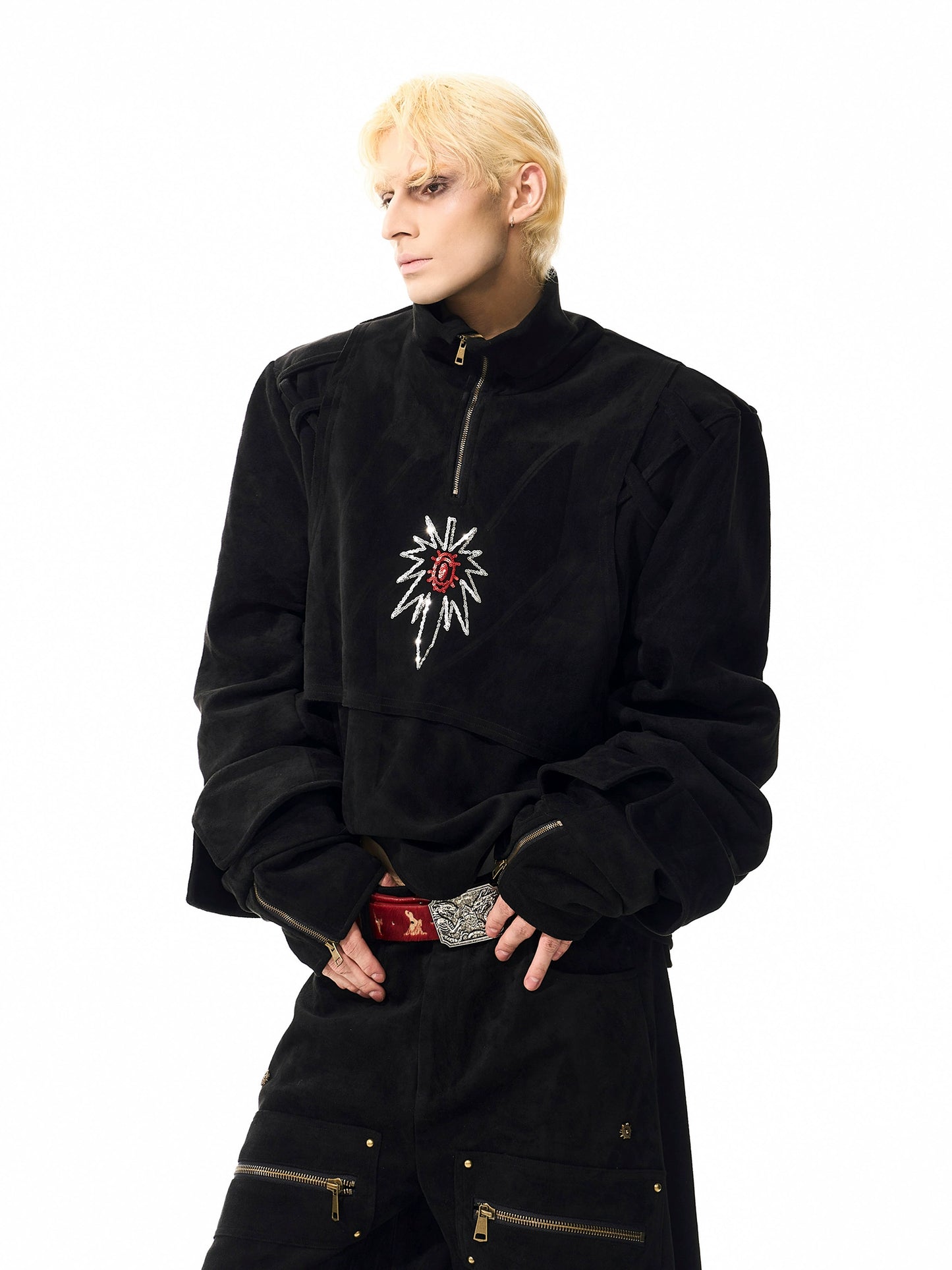 Graffiti Suede Deconstructed Half Zipper Sweatshirt & Cargo Pants Setup WN21783