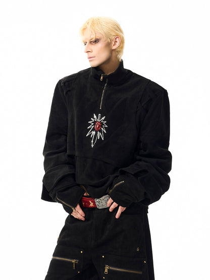 Graffiti Suede Deconstructed Half Zipper Sweatshirt & Cargo Pants Setup WN21783