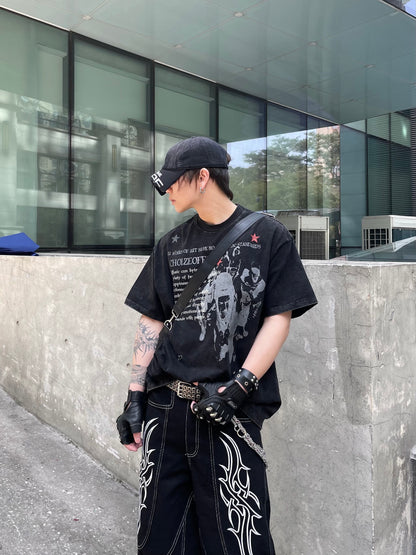 Portrait Letter Print Washed Oversize Short Sleeve T-Shirt WN14990