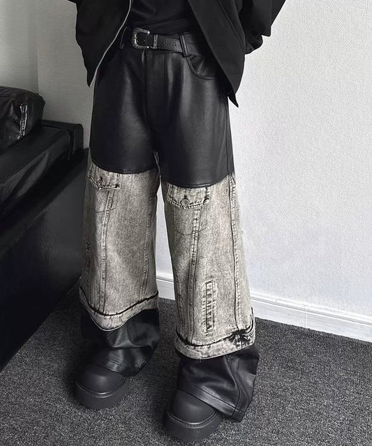 PU Leather Mix Wide Leg Denim Jeans WN19359