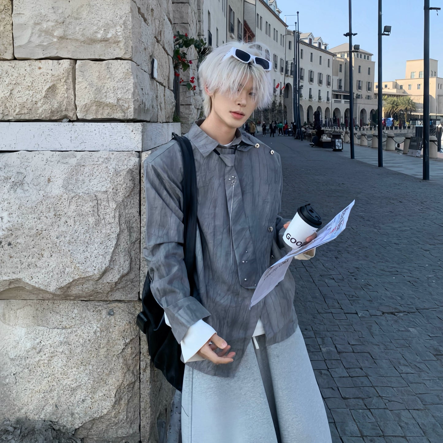 Asymmetrical Button Metal Necktie Long Sleeve Shirt WN19808