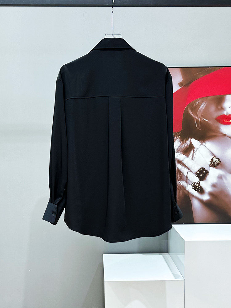 Shoulder-pad Lapel Drape Pearl Tie Long Sleeve Shirt WN23914