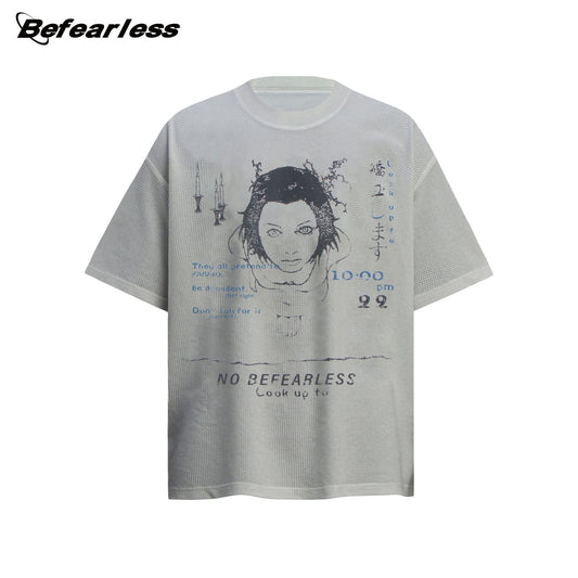 Waffle Texture Graphic Print Oversize Short Sleeve T-Shirt WN26303
