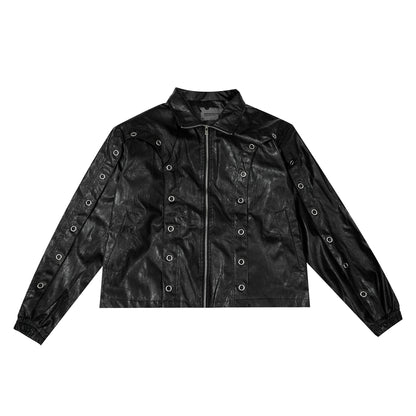 Metal Ring Design PU Leather Jacket & Wide-leg PU Leather Pants Setup WN5054