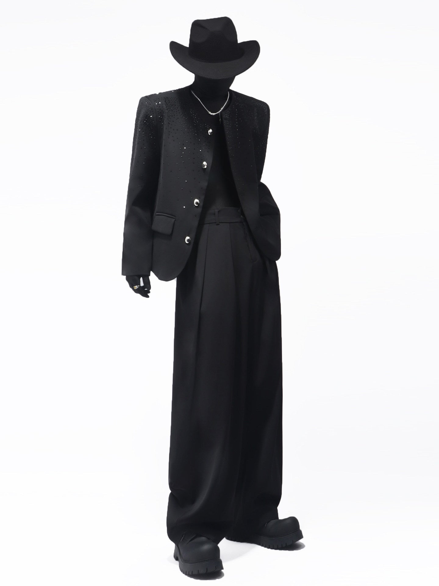 Rhinestone Shoulder-Pad Short Tailored Jacket & Rhinestone Flare Trousers Setup WN23709