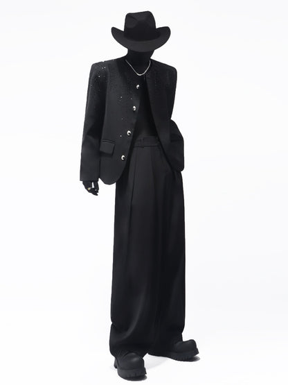 Rhinestone Shoulder-Pad Short Tailored Jacket & Rhinestone Flare Trousers Setup WN23709