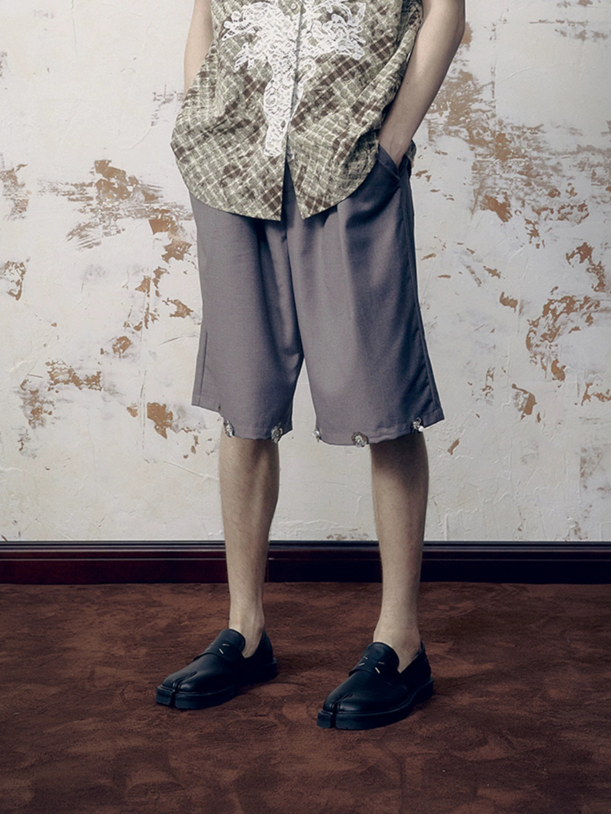 Pleated Design Floral Sequin and Bead Embellished Wide Leg Half Pants WN18873