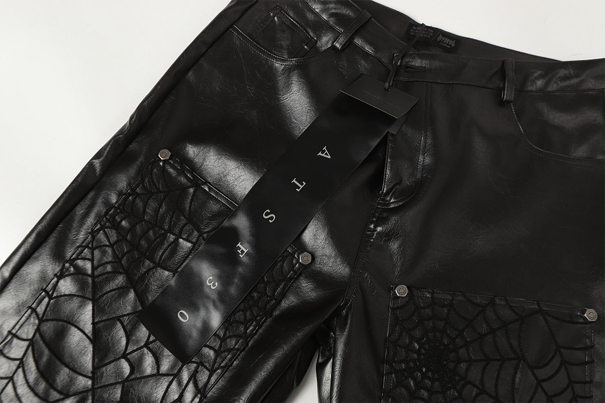 PU Leather Embroidery Wide Leg Pants WN23060