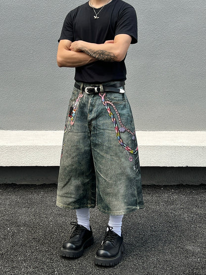 Digital Print Washed Wide Leg Half Denim Jeans WN19520