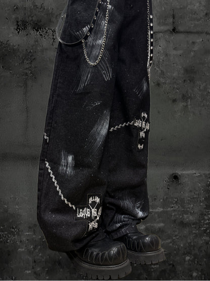 Paint Print Wide Leg Denim Jeans & Bandana Waist Panel & Skull Belt & Belt Chain WN23793