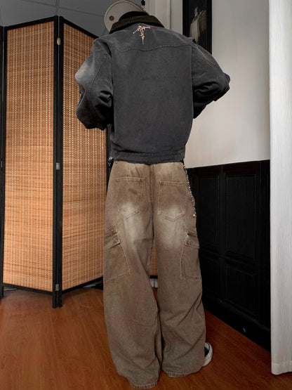 Washed Multi-Pocket Brown Wide Leg Denim Jeans WN22177