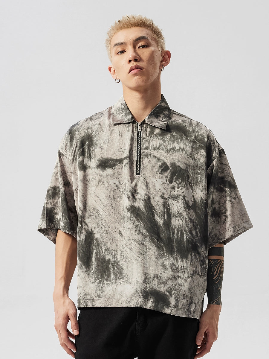 Tie-Dye Ink Design Half Zipper Polo Shirt WN17487