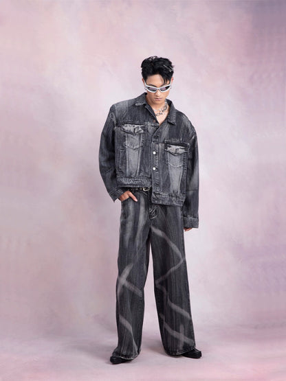 Hand-Painted Washed Denim Jacket & Wide-Leg Straight Denim Jeans Setup WN9229