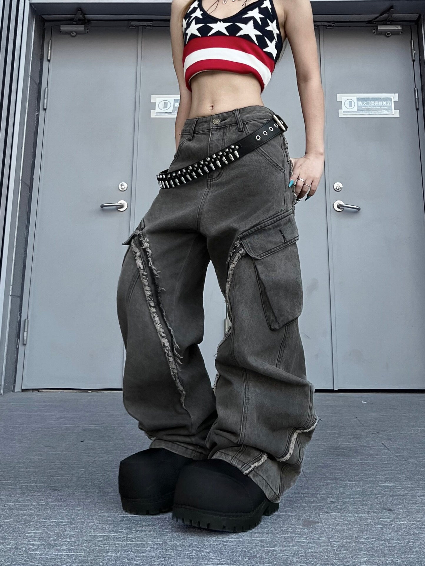 Raw Hem Deconstructed Curved Wide Leg Denim Jeans WN24233