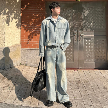 Damage Denim Jacket & Wide Leg Denim Jeans Setup WN25359
